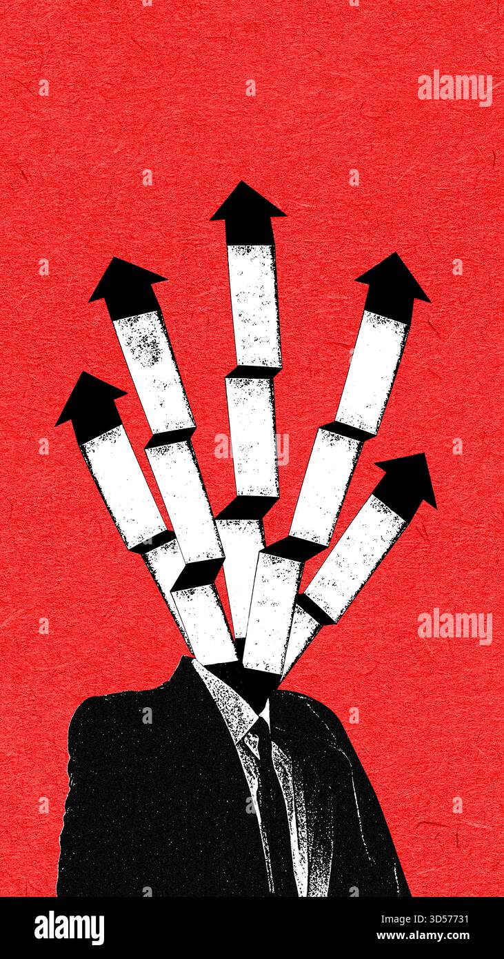 Opera concettuale di frecce che esplodono verso l'alto da un uomo d'affari simboleggiando una crescita visionaria Foto Stock