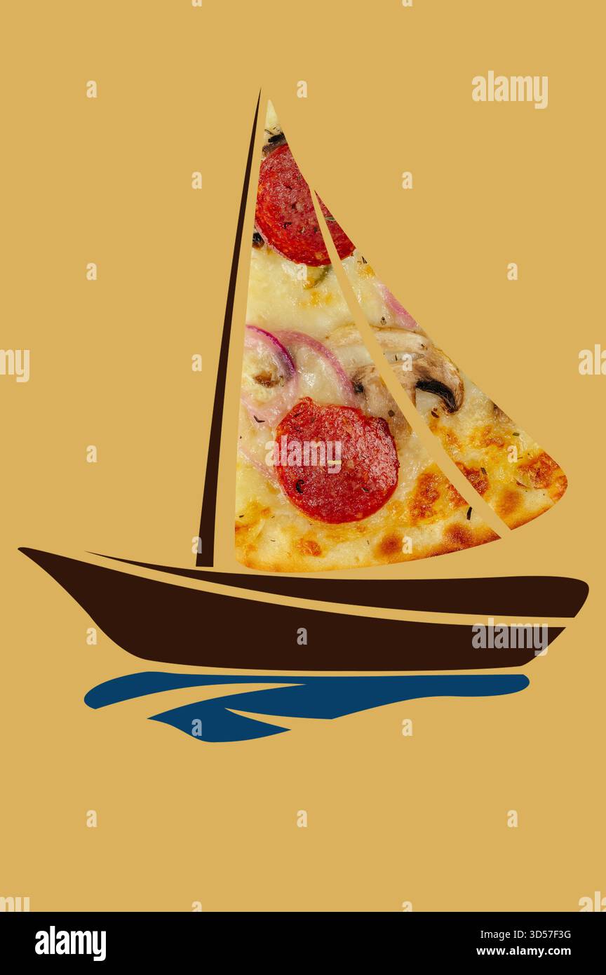 una fetta di pizza a forma di nave Foto Stock