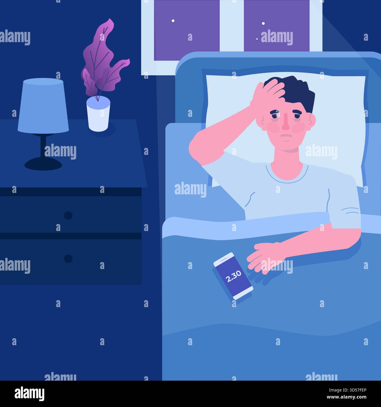 Uomo con insonnia estenuante, problemi di sonno. L'uomo cerca di dormire sul letto. Illustrazione vettoriale. Illustrazione Vettoriale