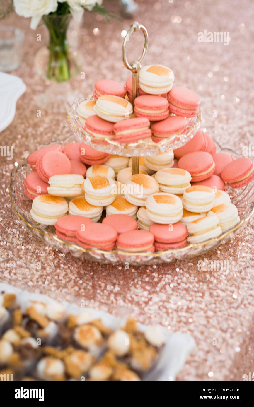 Macaron rosa e bianco su supporto per dessert in vetro a strati Foto Stock