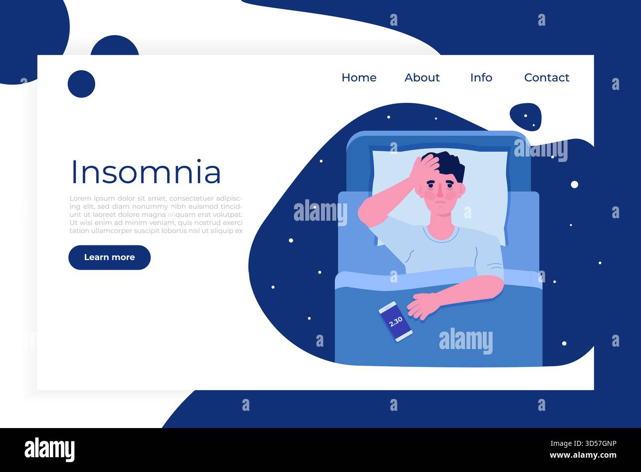 Uomo con insonnia estenuante, problemi di sonno. L'uomo cerca di dormire sul letto. Modello di pagina Web illustrazione vettoriale. Illustrazione Vettoriale