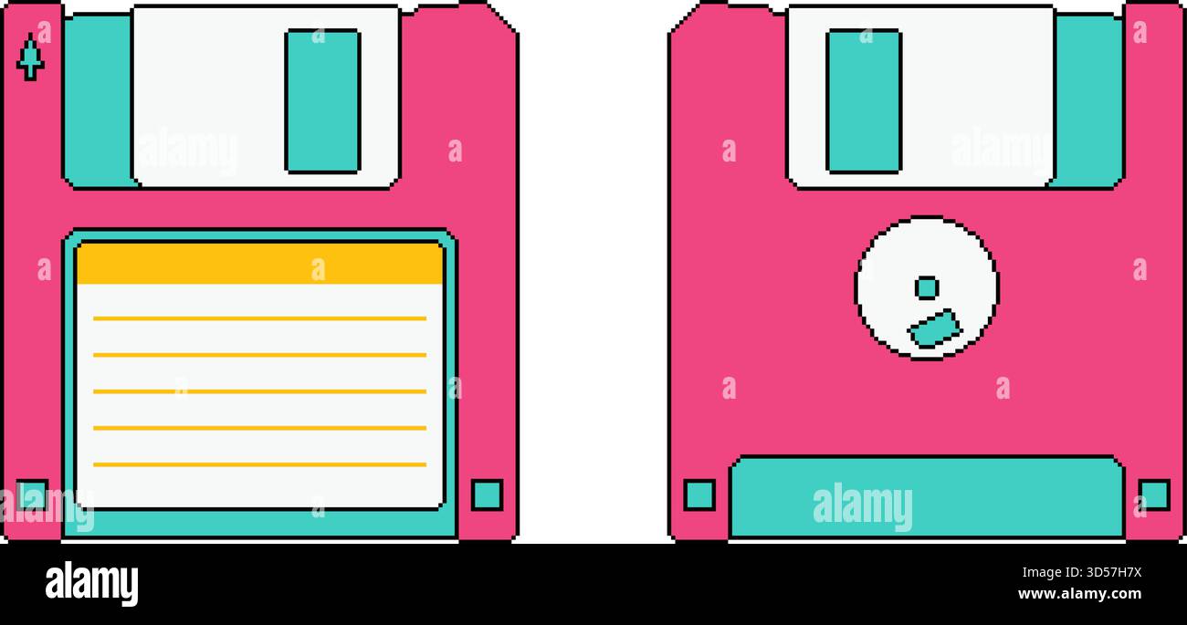 Floppy disk rosa retrò impostato in stile pixel art. Vista vettoriale anteriore e posteriore Illustrazione Vettoriale
