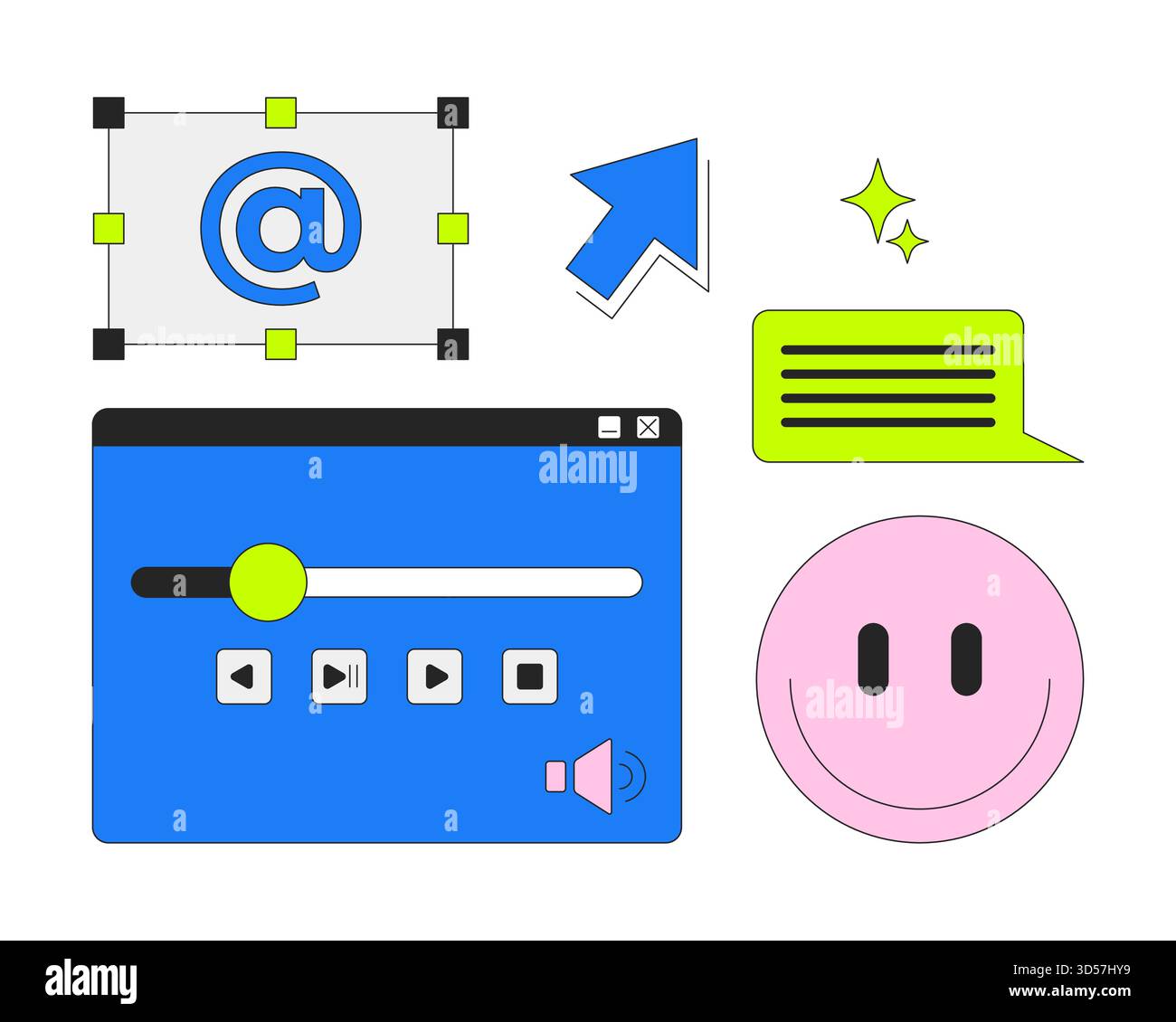 Comandi dell'interfaccia digitale e set di oggetti cartoon 2D emoji Illustrazione Vettoriale