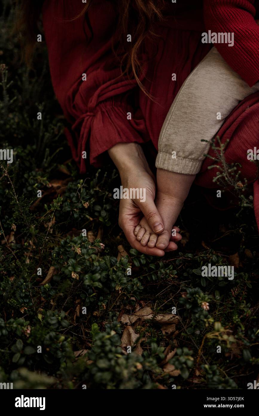 Baby sitter sulle mamme in grembo di natura Foto Stock