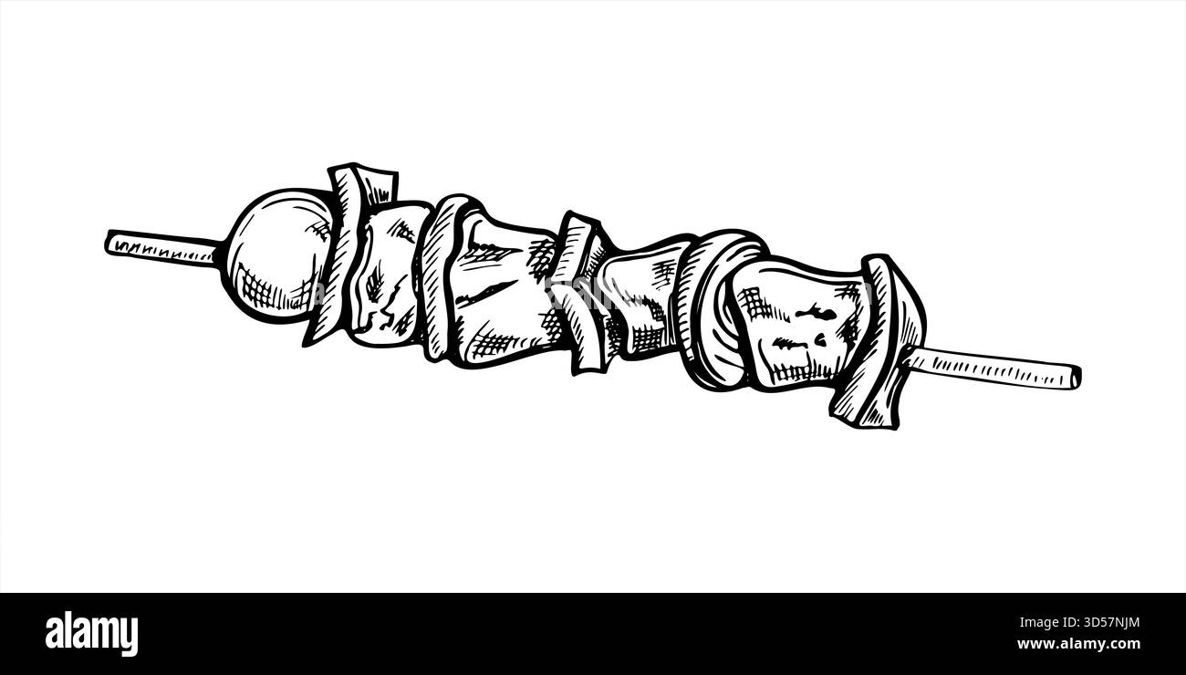 Carne vettoriale monocromatica con verdure su una linea di bastoncini in legno disegnata con inchiostro nero. Disegno di kebab grigliato o tofu vegano sullo spiedino Illustrazione Vettoriale