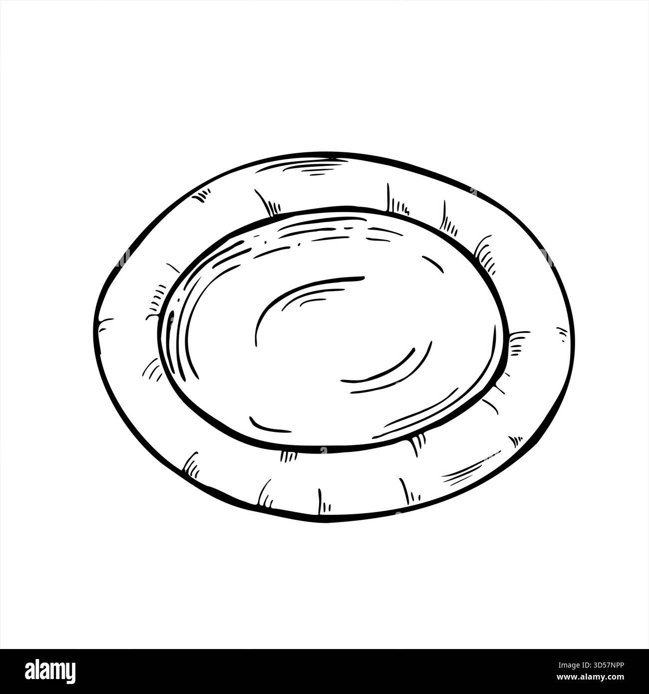 Illustrazione isolata della piastra di carta bianca rotonda vettoriale monouso dipinta con inchiostri neri. Disegno della linea del vassoio degli alimenti circolare vuoto. Illustrazione Vettoriale