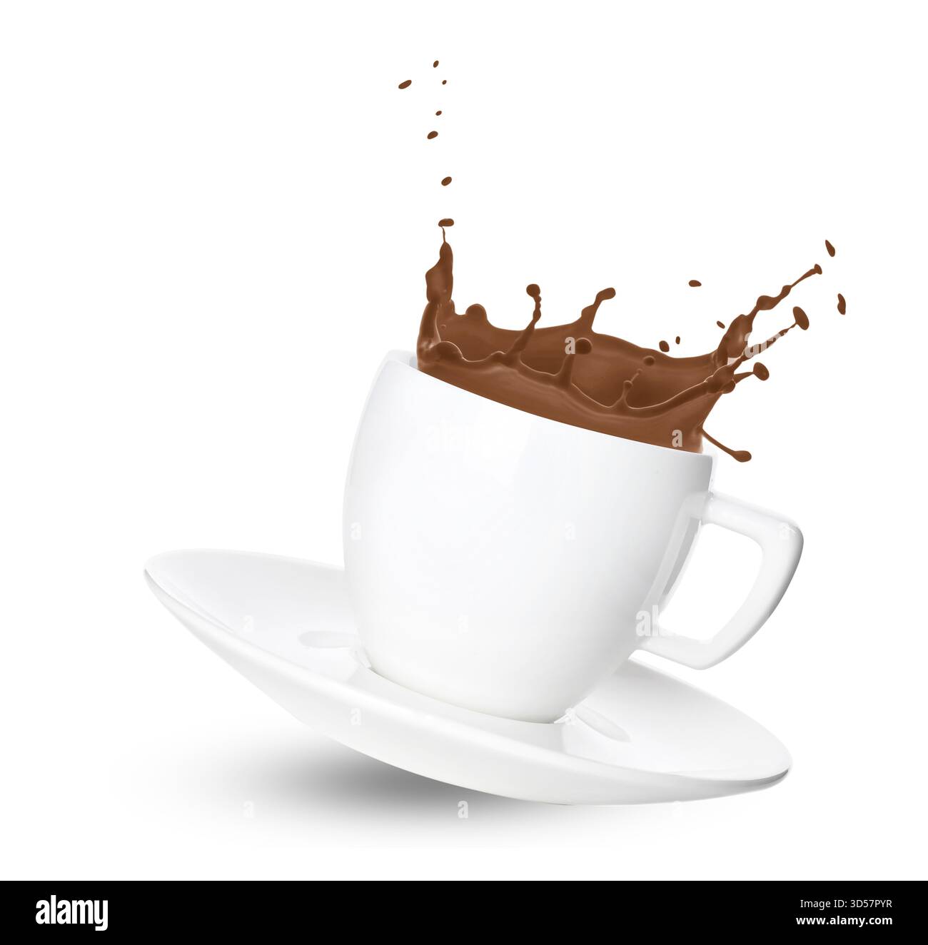 Gustosa bevanda al cacao spruzzata in tazza su sfondo bianco Foto Stock