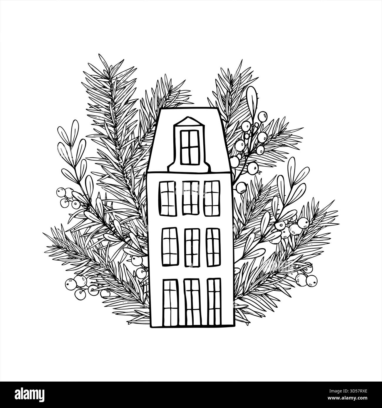 Casa europea e rami di abete rosso, illustrazione isolata del vettore di piante di bacche in stile natalizio. Tradizionale silhouette e fogliame di un vecchio edificio Illustrazione Vettoriale