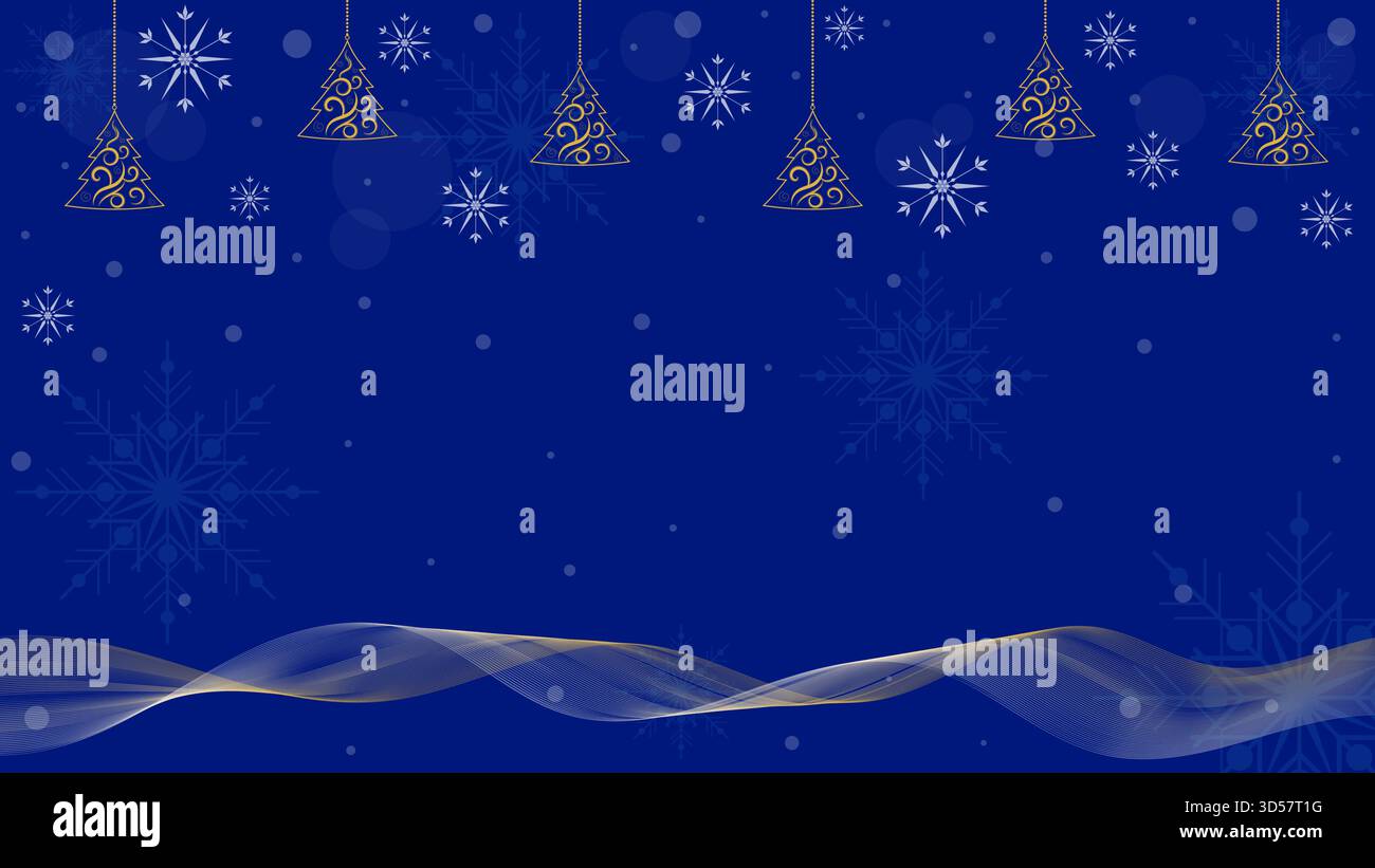 Decorazioni con decorazioni con alberi di Natale e scintillanti fiocchi di neve su sfondo blu Illustrazione Vettoriale