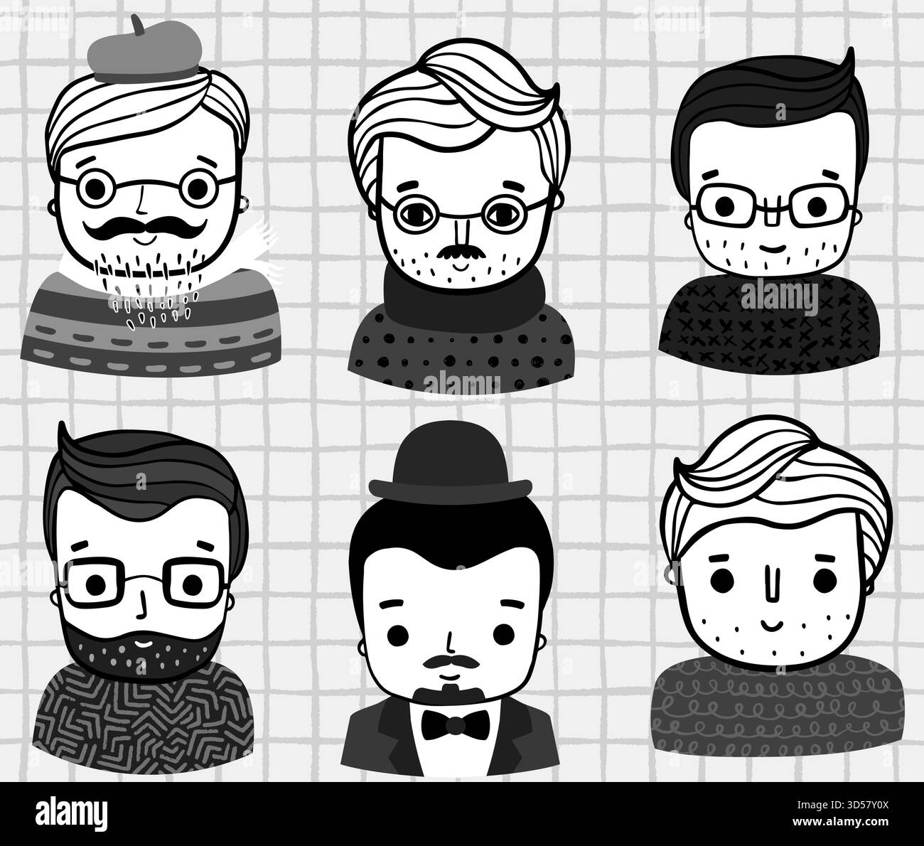 Bellissimi volti vettoriali moderni disegnati a mano, busti con maglioni, costumi, barba, baffi e occhiali da vista, illustrazioni retro dei personaggi doodle per S. Illustrazione Vettoriale