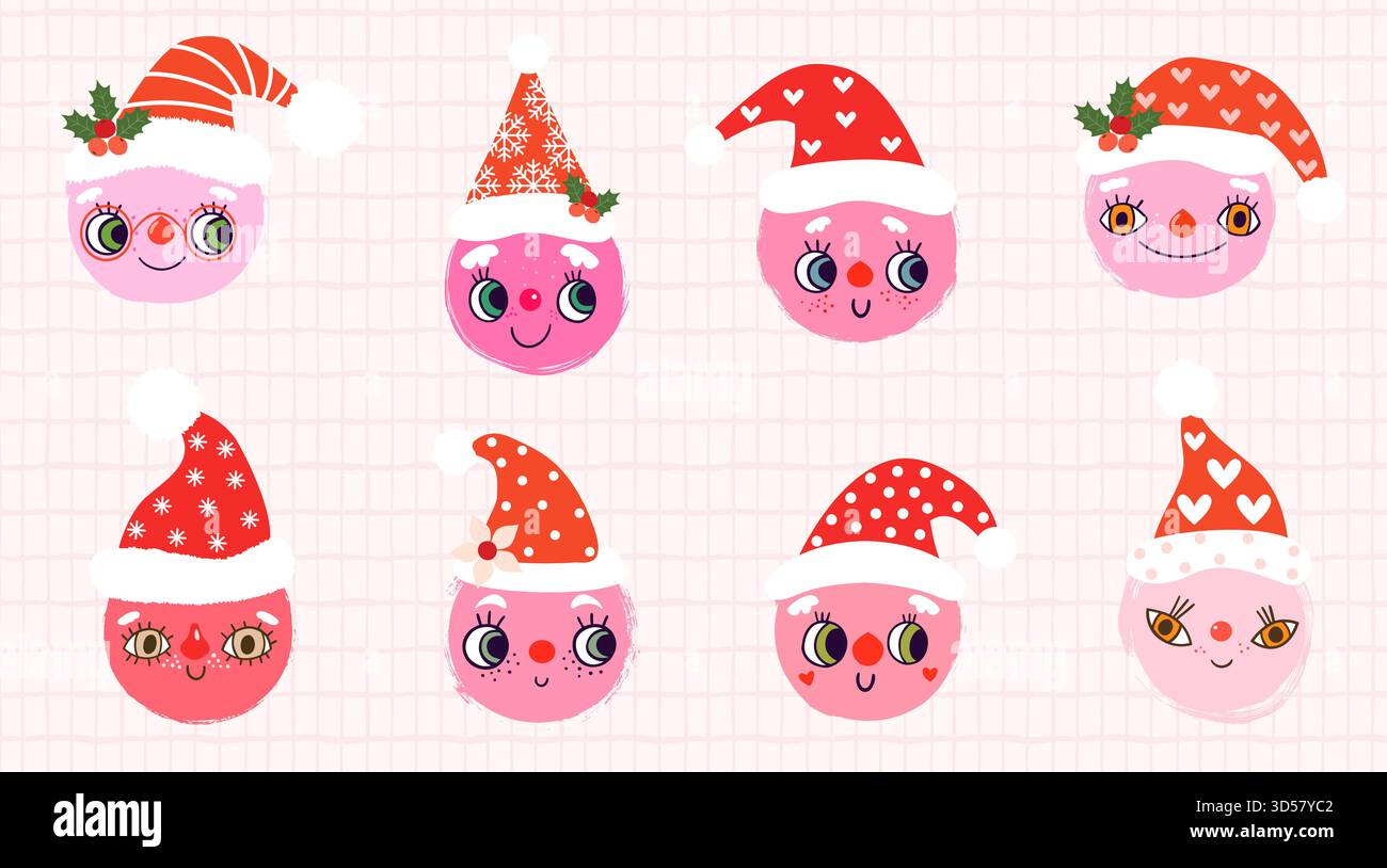 Divertenti volti vettoriali rotondi con cappelli di Babbo Natale e simpatiche espressioni per disegni natalizi, biglietti d'auguri e adesivi Illustrazione Vettoriale