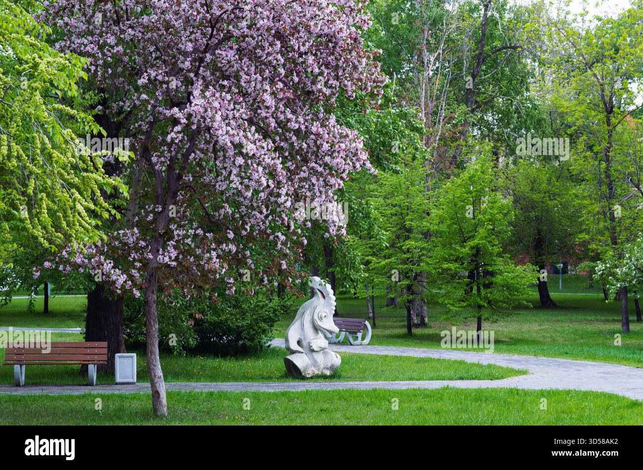 Fiori di ciliegio e sculture di drago in un verde parco cittadino Foto Stock