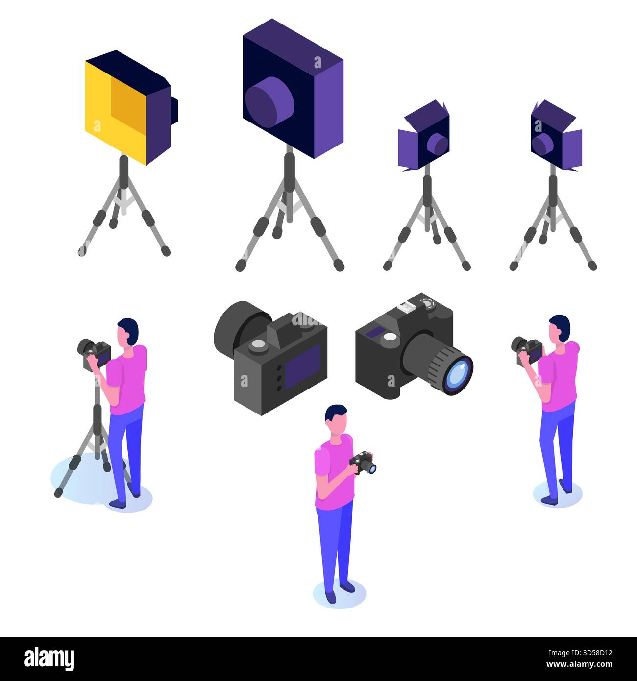 Attrezzatura da lavoro per fotografi. Treppiede, macchine fotografiche, impianti di illuminazione. Insieme isometrico delle icone vettoriali Illustrazione Vettoriale