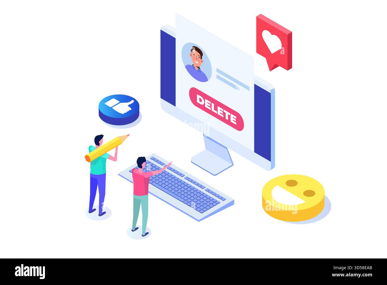 Rimuovere o eliminare l'account social o il concetto di profilo. Illustrazioni vettoriali isometriche per banner, sito Web, landing page, volantino. Illustrazione Vettoriale