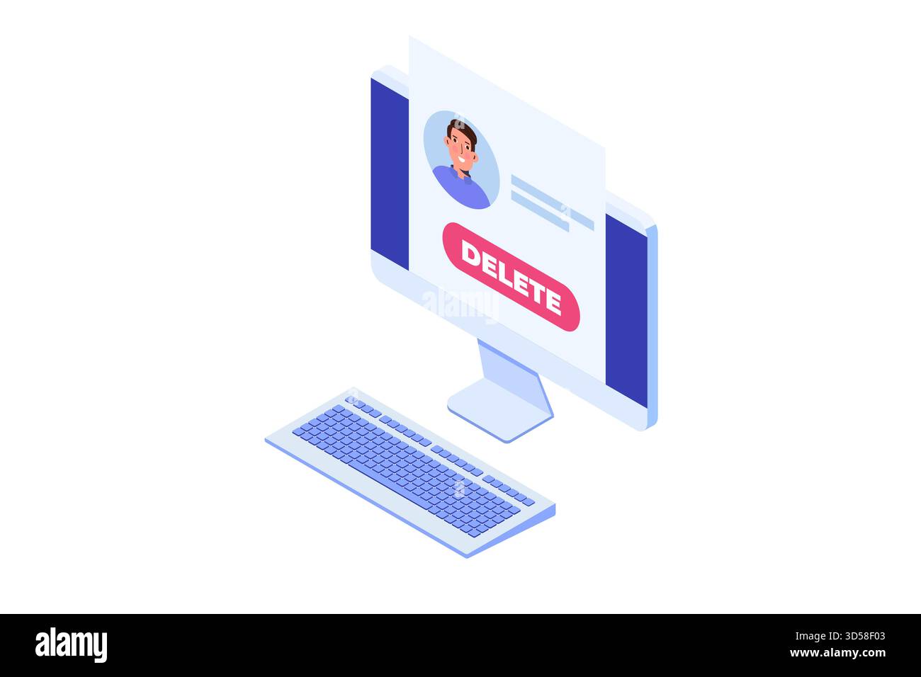 Rimuovere o eliminare l'account social o il concetto di profilo. Illustrazioni vettoriali isometriche per banner, sito Web, landing page, volantino. Illustrazione Vettoriale