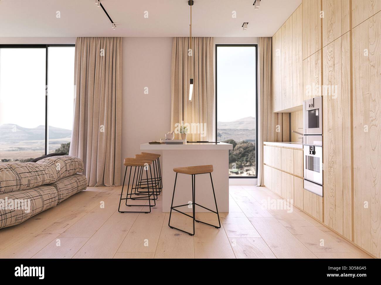 Luminosa cucina minimalista con finestre panoramiche Foto Stock