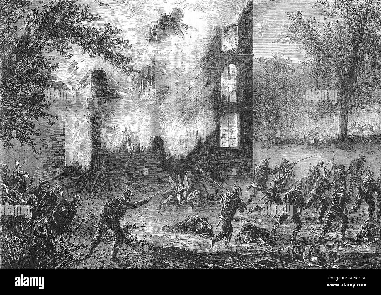 Attacco prussiano ad una posizione avanzata francese durante la guerra franco-prussiana. Foto Stock