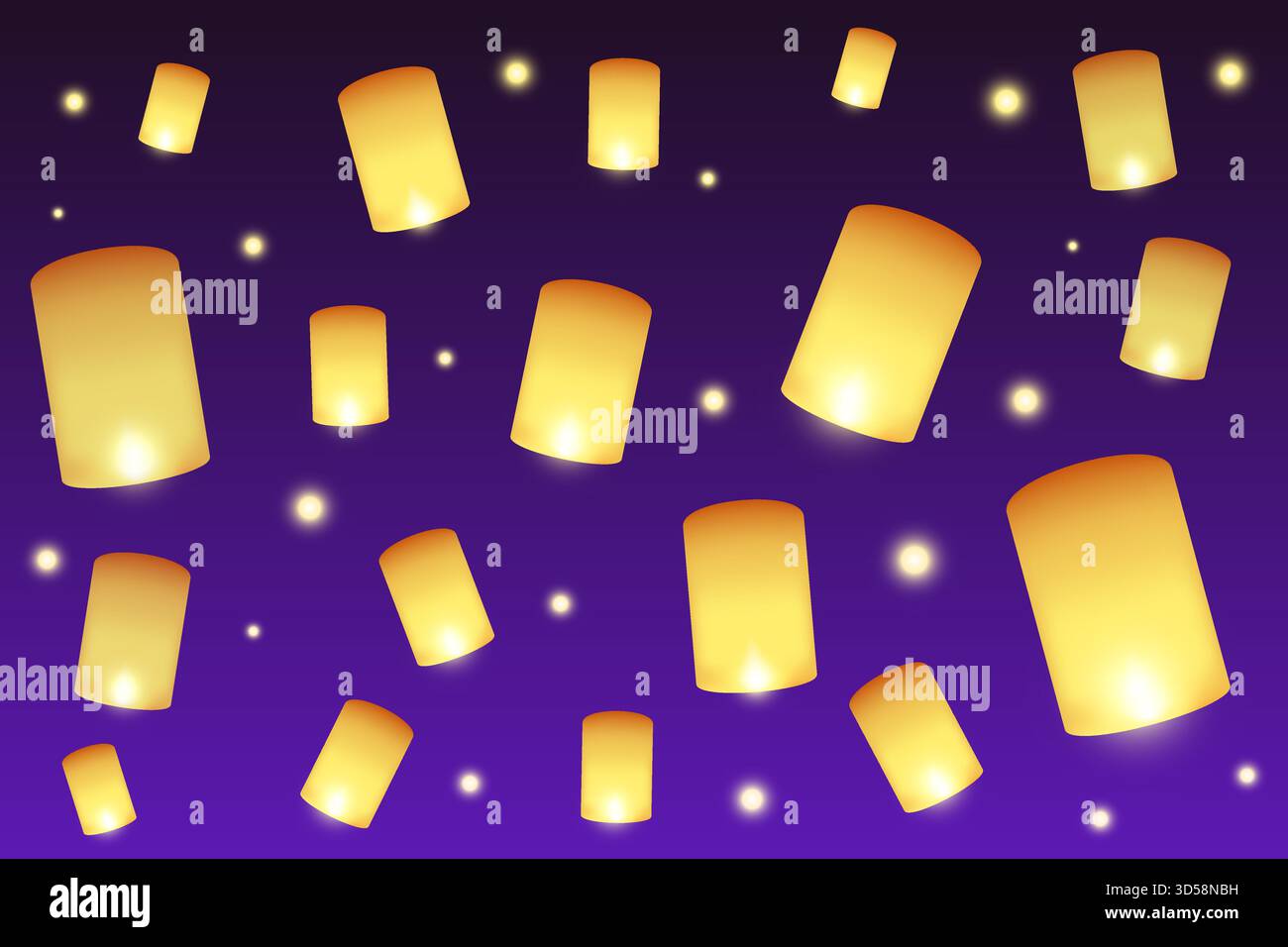 Tradizionale Yi Peng tailandese, festival Loy Krathong Sky latern. Illustrazioni vettoriali per banner, sito Web, landing page, volantino. Illustrazione Vettoriale