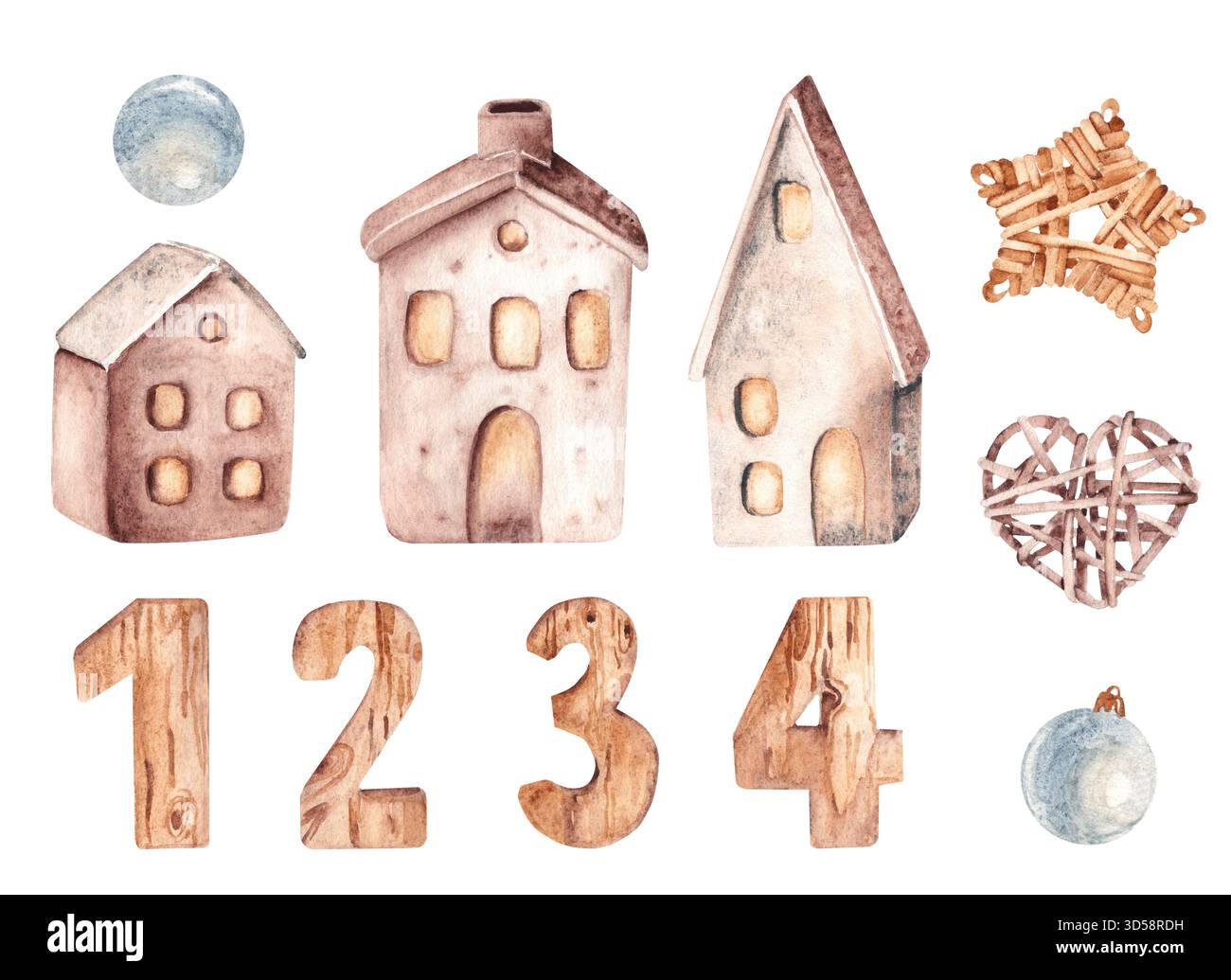 Set di Natale, decorazione dell'Avvento. Case faro in ceramica, Lanterne, numeri di legno e giocattoli sull'albero di Natale. Illustrazioni disegnate a mano in acquerello Foto Stock