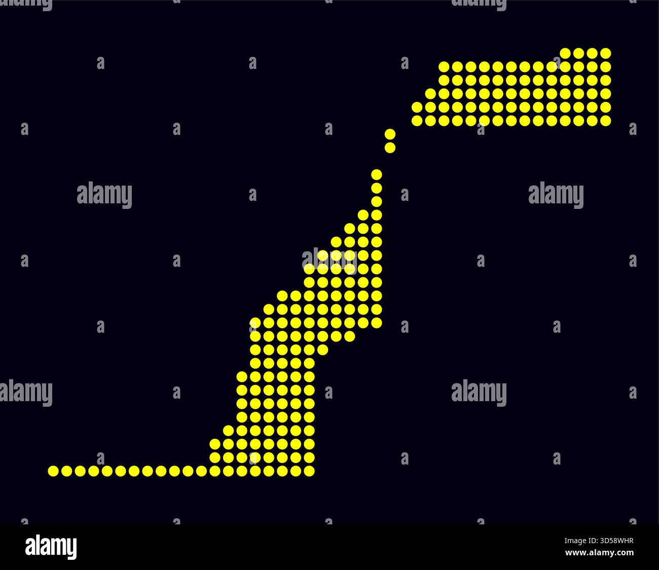 Una mappa punteggiata in stile digitale del Sahara occidentale, caratterizzata dalla forma del paese formata da grandi punti circolari colorati su uno sfondo scuro. Illustrazione Vettoriale