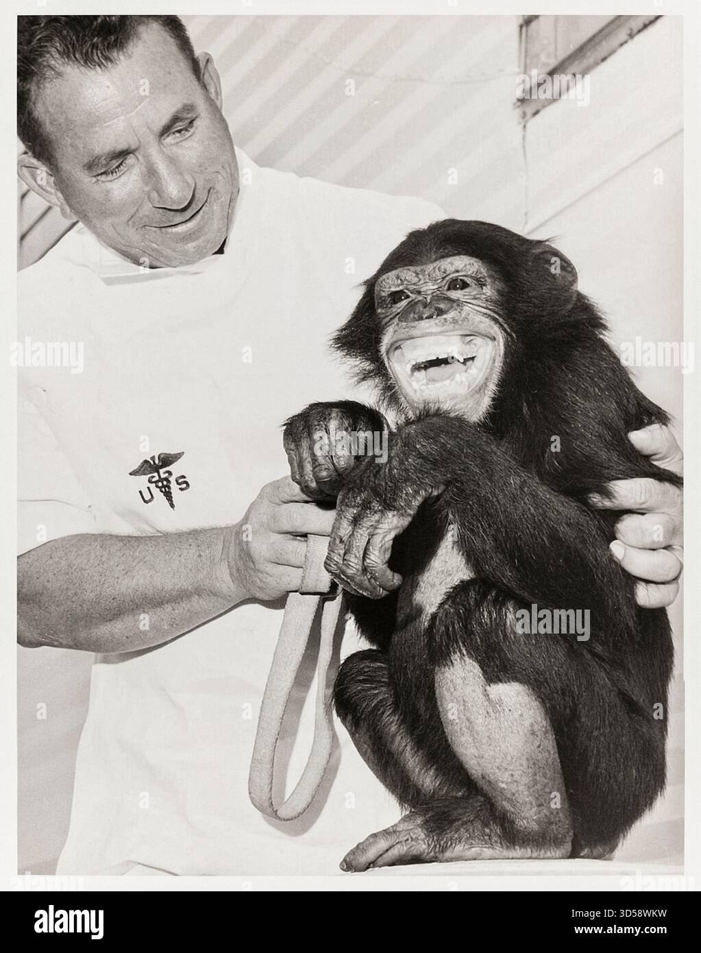 Prosciutto l'Astrochimp con il suo capo incaricato dell'aeronautica statunitense Edward C. Dittmer, Sr., 1961 fotografia che mostra Ham, il primo scimpanzé lanciato nello spazio. Il 31 gennaio 1961, Ham volò un volo suborbitale sulla missione Mercury-Redstone 2, parte del progetto Mercury del programma spaziale statunitense per testare la sopravvivenza umana e le capacità operative in volo spaziale. Foto Stock