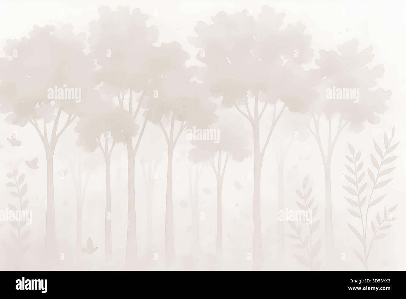 Acquerello paesaggio della foresta sfondo - nebbioso scenario naturale con alberi e toni morbidi Foto Stock