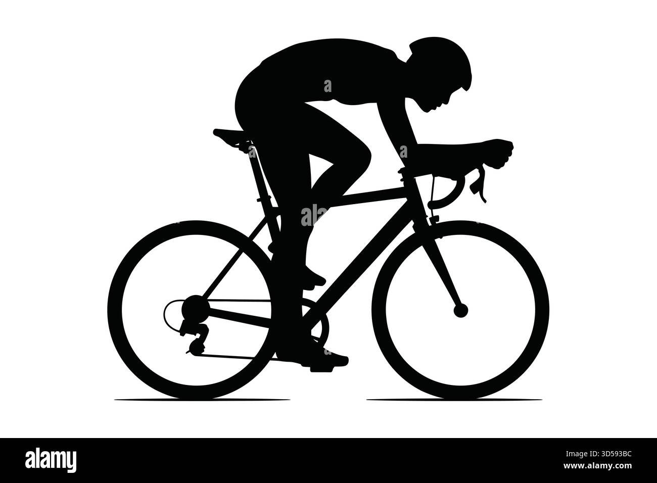La silhouette nera di un ciclista che indossa un casco e guida una bici da strada con una linea bassa e aerodinamica. Illustrazione Vettoriale