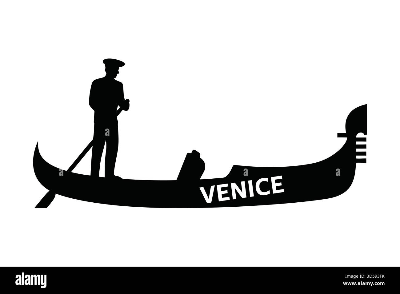 Una silhouette nera raffigura una tradizionale gondola veneziana con uno sterzo per gondoliere e un passeggero seduto all'interno. La parola "VENEZIA" è visibile sul Illustrazione Vettoriale
