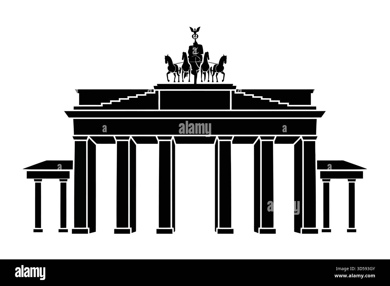 Una silhouette nera della porta di Brandeburgo, un famoso monumento neoclassico a Berlino, Germania, su sfondo bianco. Illustrazione Vettoriale
