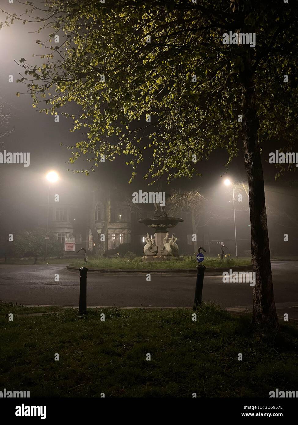 Una nebbiosa rotatoria urbana a Hull, Inghilterra, illuminata delicatamente da caldi lampioni. Alberi e nebbia creano un'atmosfera suggestiva e misteriosa città serale sc - Immagine stock catturata con smartphone