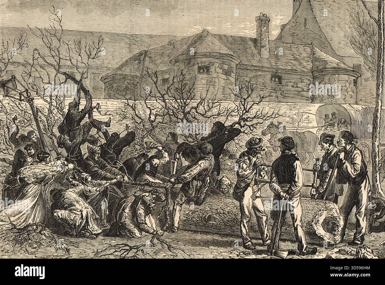 I parigini abbattono alberi per la legna da ardere, la difesa di Parigi durante la guerra franco-prussiana. Foto Stock