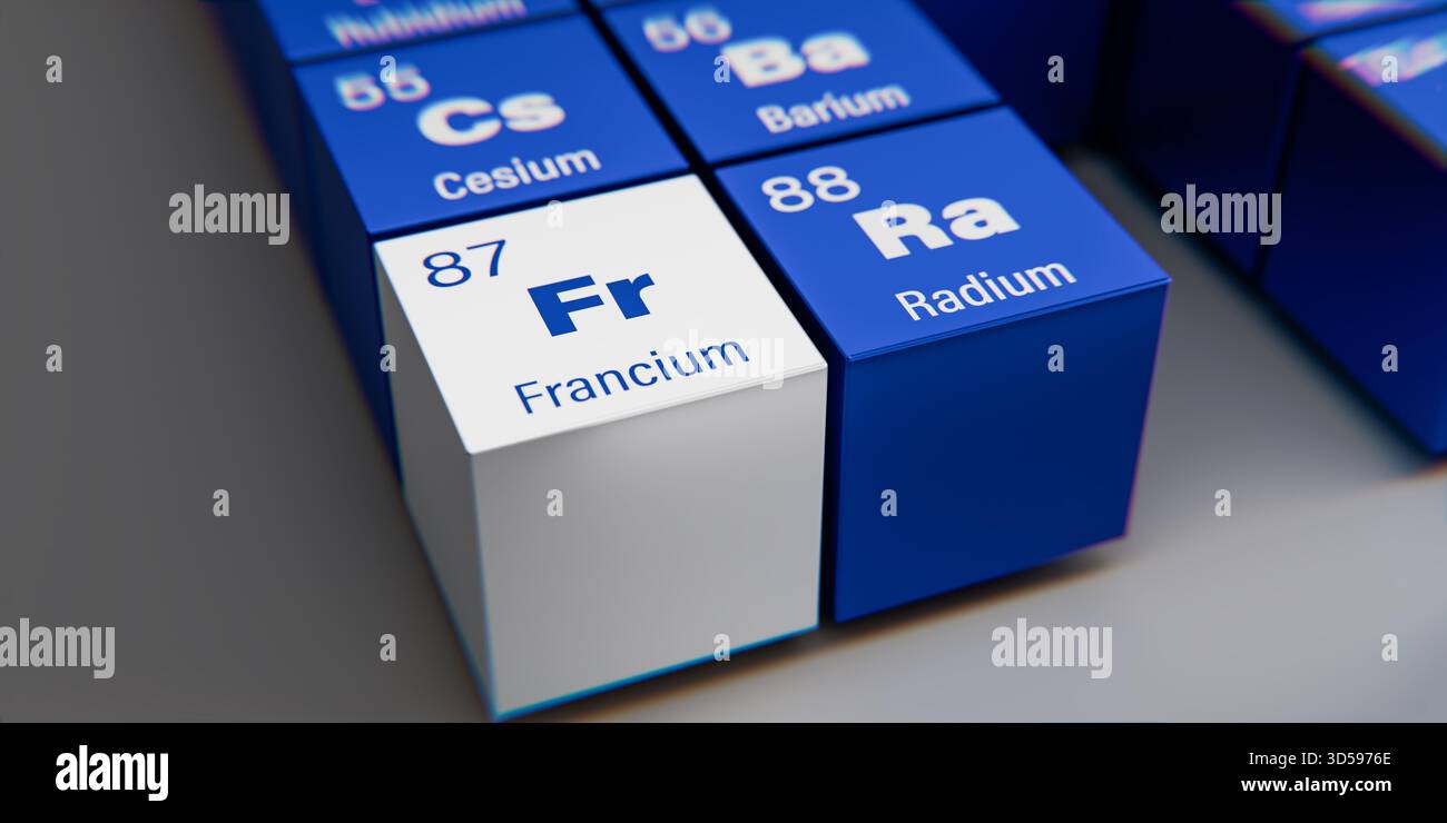 Vista dettagliata dell'elemento chimico P Francium con il numero atomico 87 all'interno della tavola periodica degli elementi. Effetto di dispersione dinamica sul granturco Foto Stock