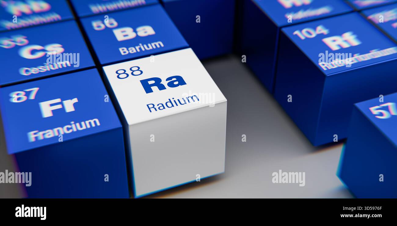 Vista di dettaglio dell'elemento chimico Ra Radium con il numero atomico 88 all'interno della tavola periodica degli elementi. Effetto di dispersione dinamica sullo spigolo Foto Stock