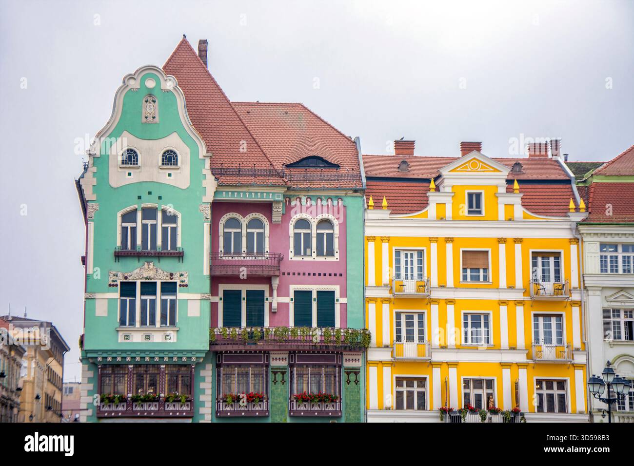 Facciate colorate di alte e strette case a Timisoara, Romania Foto Stock