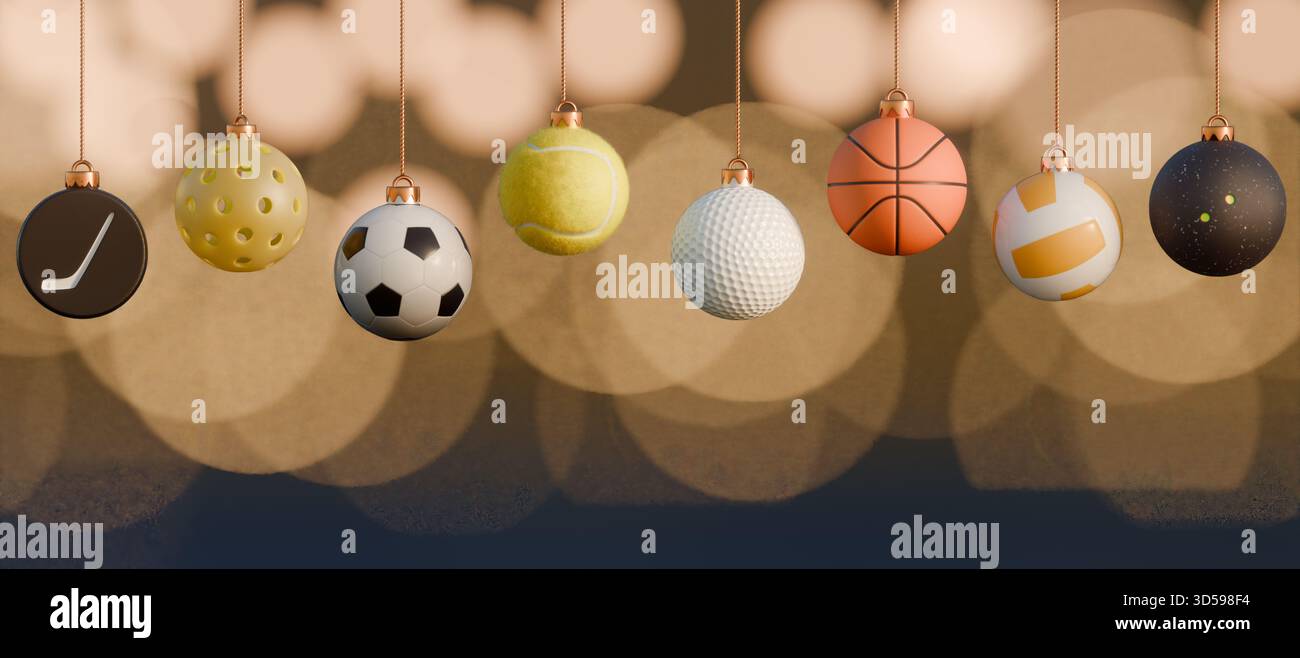 Ornamenti natalizi a forma di puck da hockey, golf, calcio, tennis, basket, e altre palle sportive appese alle corde. rendering 3d. Foto Stock