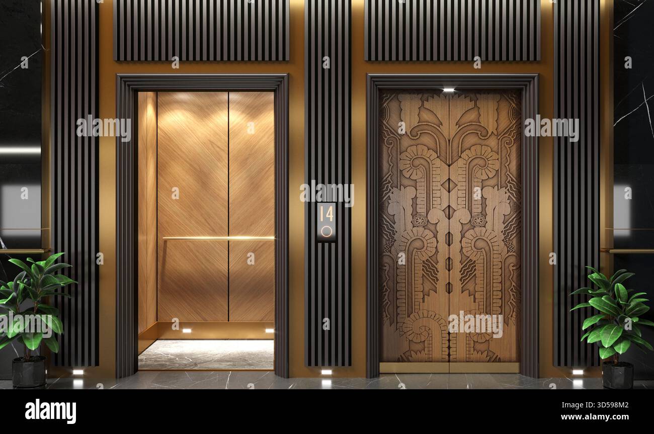 Lussuosa lobby con ascensore Art Deco con eleganti porte in legno, accenti dorati e illuminazione moderna, che mostra un'elegante miscela di motivi e accessori classici Foto Stock