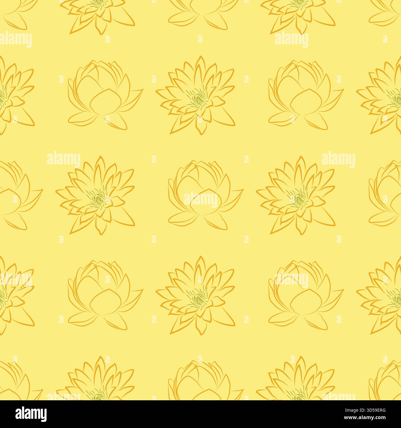 Loto giallo motivo floreale senza cuciture realizzato a mano, disegno a linee, botanico astratto, minimalista. Illustrazione Vettoriale