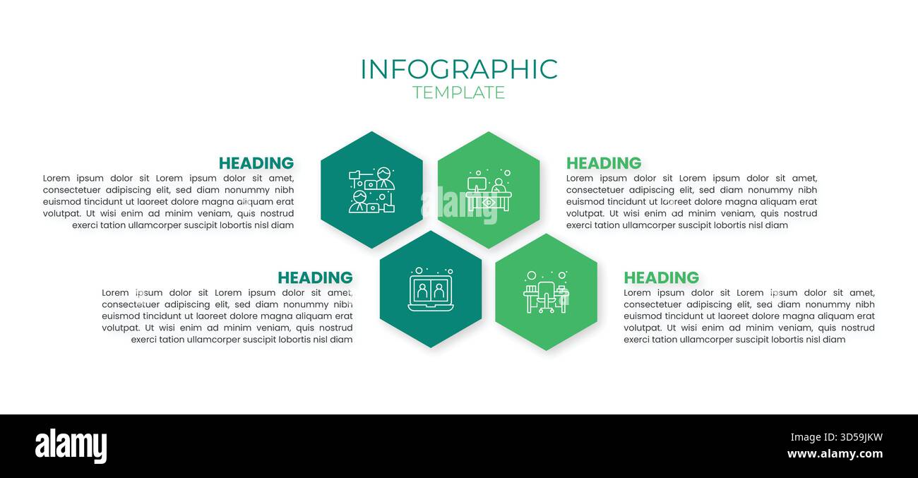 Infografica aziendale moderna con icone esagonali e sezioni di testo, modello creativo per la visualizzazione dei dati, il flusso di lavoro e la presentazione Illustrazione Vettoriale