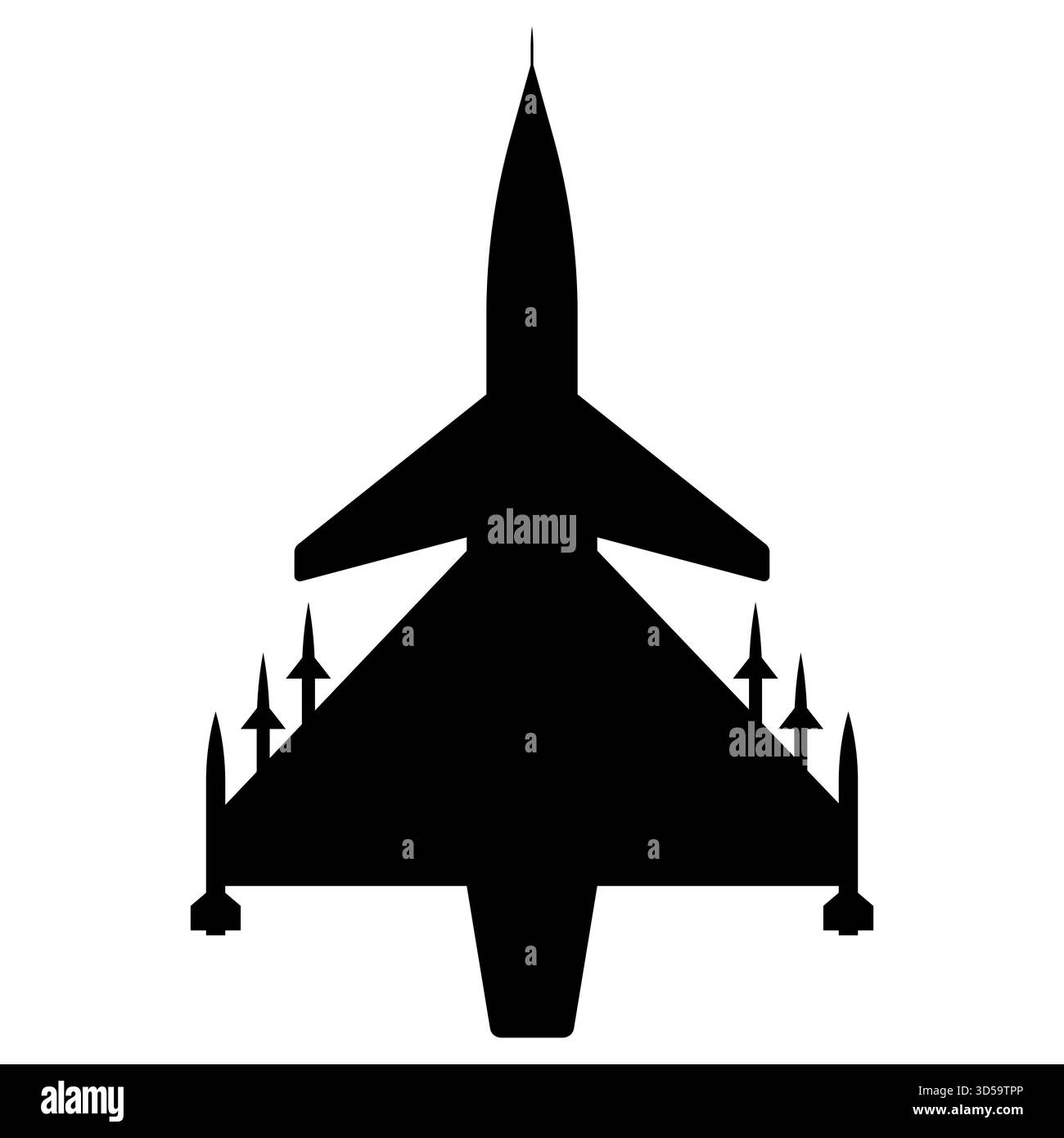 un'icona nera di un jet da caccia che trasporta un missile sul bianco. Illustrazione Vettoriale