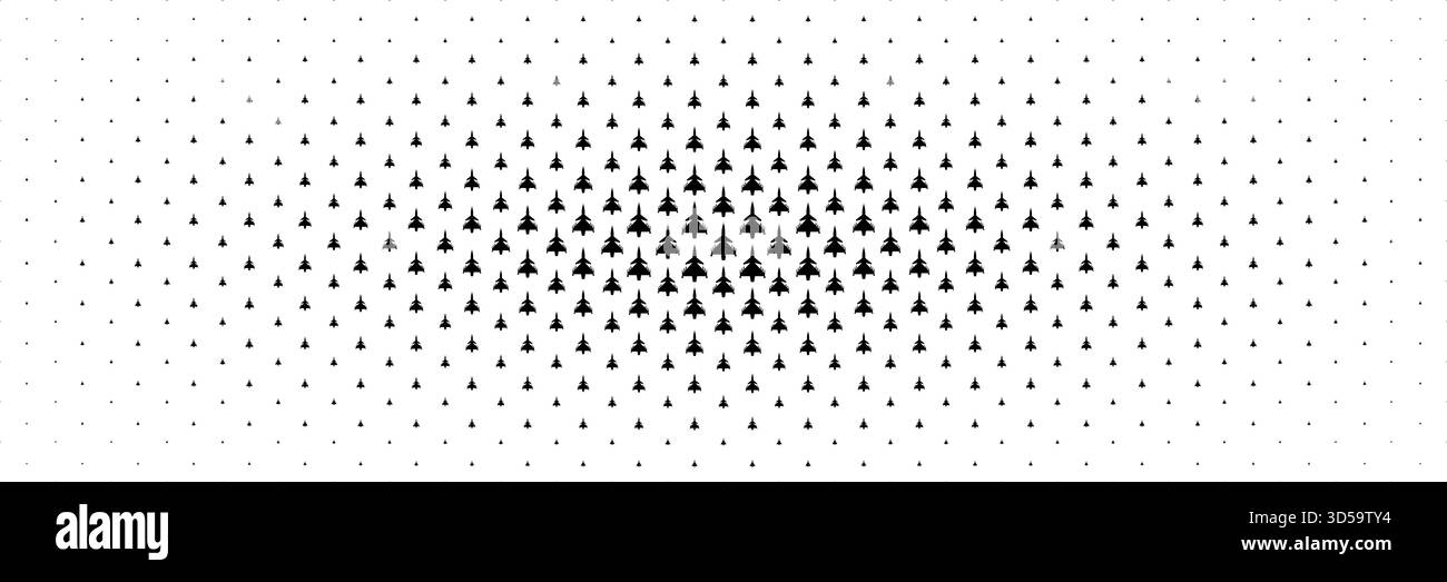 mezzitoni orizzontali del jet da caccia nero che trasporta missili si diffondono dal centro al bianco. Illustrazione Vettoriale