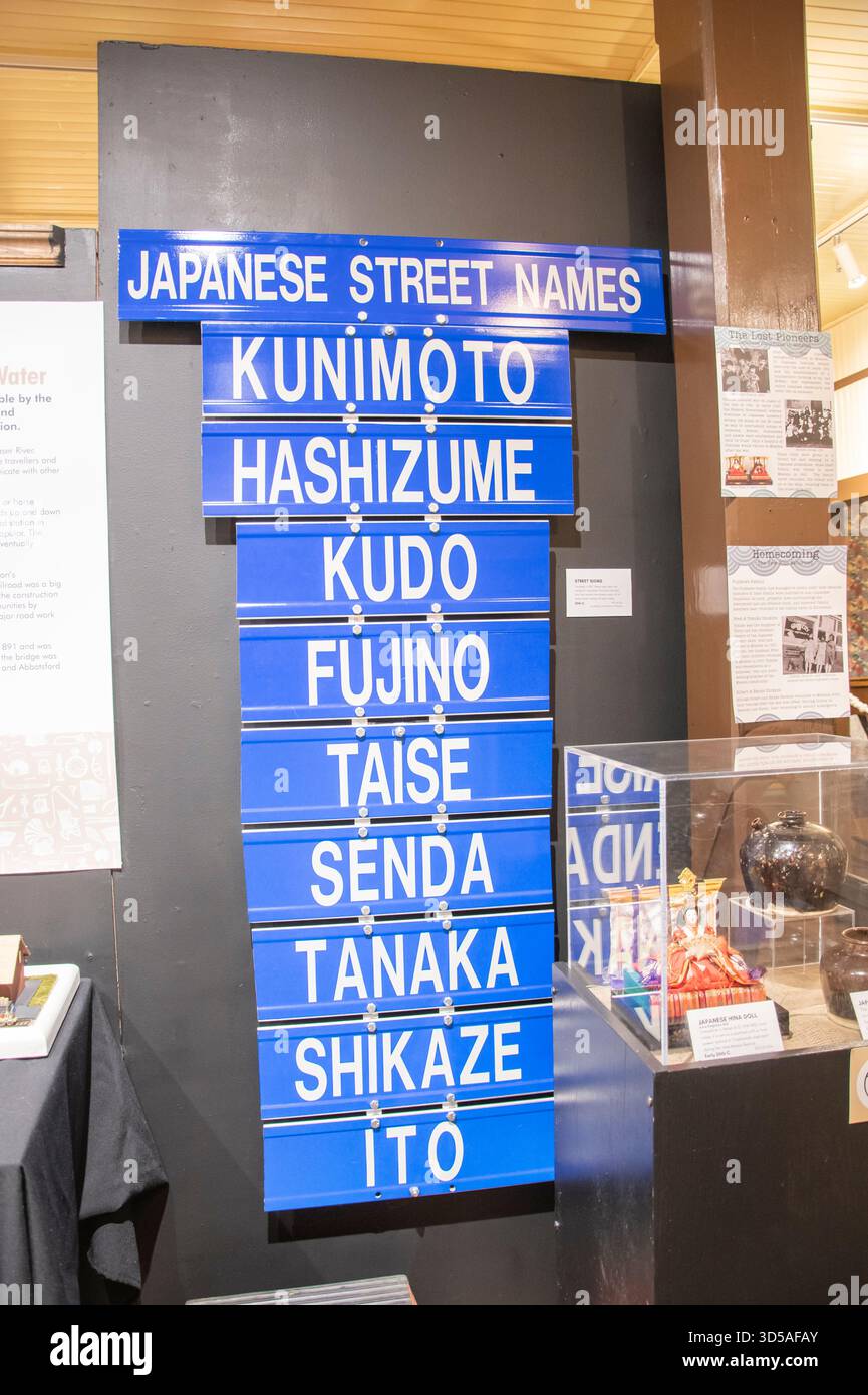 Cartelli per i nomi delle strade giapponesi all'interno del Mission Museum sulla 2nd Avenue nel centro di Mission, British Columbia, Canada Foto Stock
