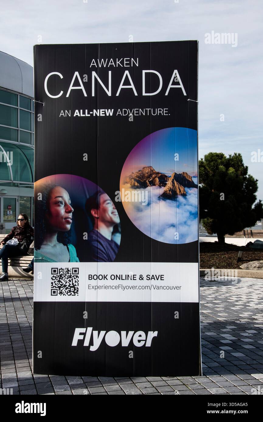 Flyover Awaken Canada cartello al Canada Place nel centro di Vancouver, Columbia Britannica, Canada Foto Stock