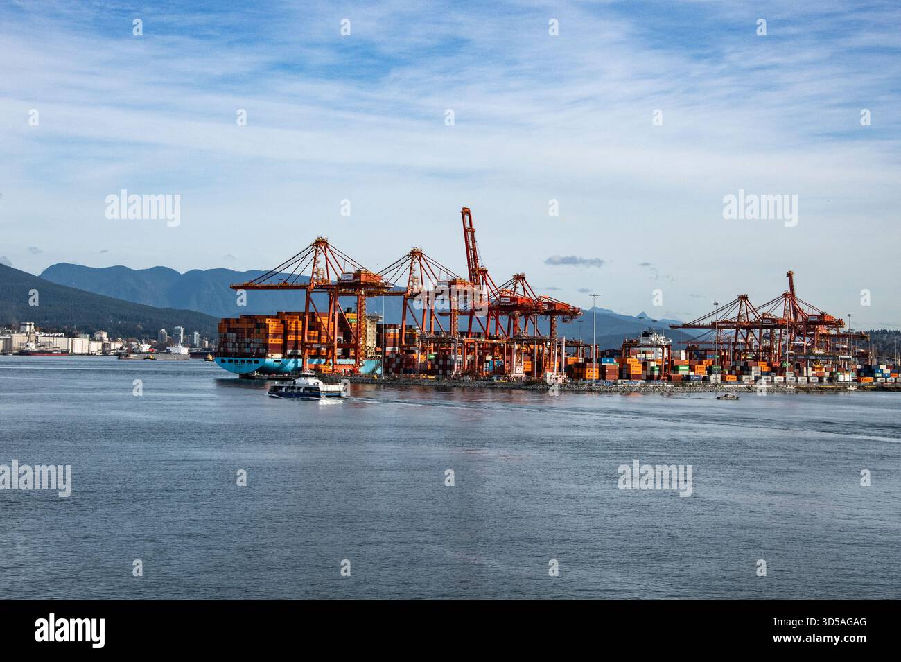Gru container al porto di fronte al Canada Place nel centro di Vancouver, British Columbia, Canada Foto Stock