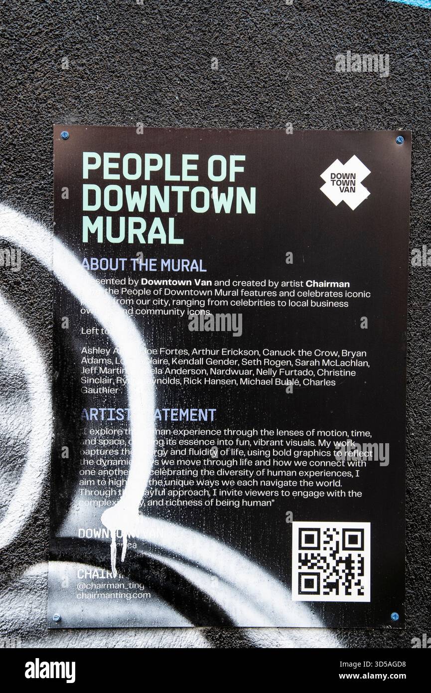 Insegna dell'artista per il murale del popolo di Downtown presso Seymour Street nel centro di Vancouver, British Columbia, Canada Foto Stock