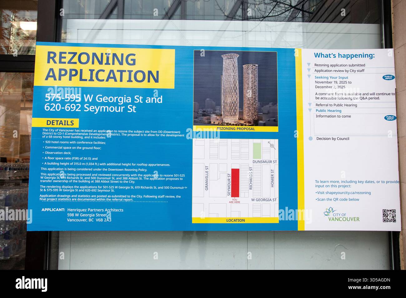 Segnale di richiesta di rizonatura da Seymour Street nel centro di Vancouver, Columbia Britannica, Canada Foto Stock