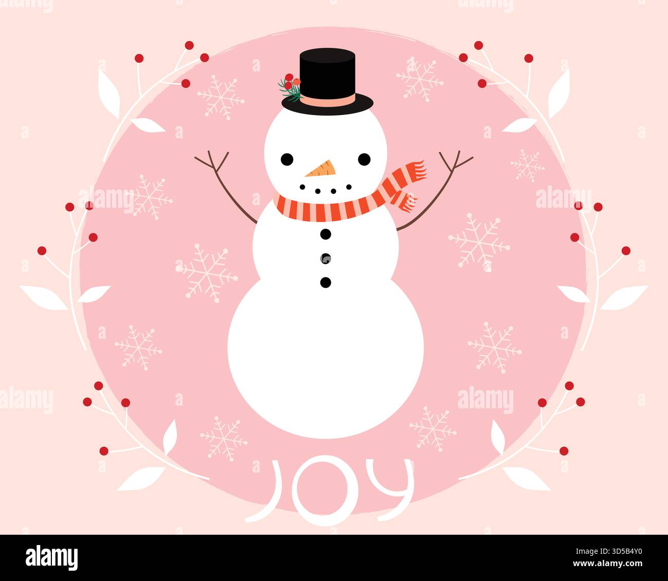 Biglietto d'auguri vettoriale per Natale e Capodanno, illustrazione delle festività invernali con pupazzo di neve, sfondo rosa, corona bianca e fiocchi di neve Illustrazione Vettoriale