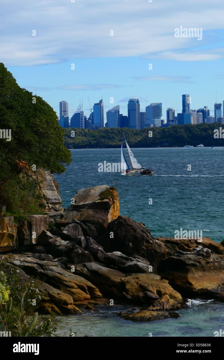 La barca a vela scivola attraverso il porto di Sydney incorniciato da rocce costiere e dal moderno skyline della città. Foto Stock
