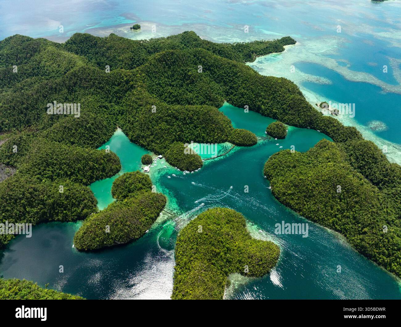 Le lagune di smeraldo e le isole verdi creano un panorama marino con barche che si muovono tra i corsi d'acqua. Siargao, Filippine. Laguna blu di Sugba. Foto Stock