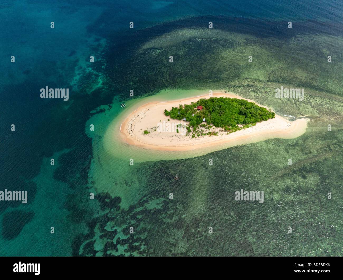 Spiaggia di sabbia bianca nell'isola tropicale circondata da acque turchesi e dalla barriera corallina. Siargao, Filippine. Isola di Kangkangon. Foto Stock