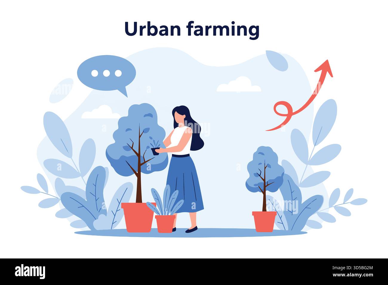 Concetto di agricoltura urbana con la donna che piantava in piante in vaso illustrazione Illustrazione Vettoriale